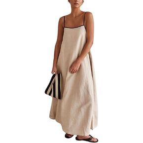 yoeasy Women's Spaghetti Strap Contrast Trim Maxi Dress Sleeveless Adjustable Backless Beach Loose Long Dress