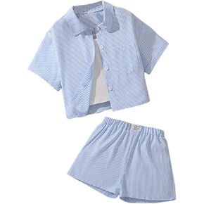 MakeMeChic Girl's 2 Piece Summer Outfit Striped Short Sleeve Button Down Shirt and Shorts Set