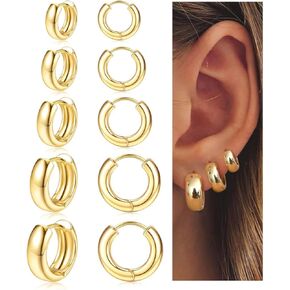 Small Chunky Gold Hoop Earrings for Women Trendy - 14k Gold Plated Earrings Set Hypoallergenic Earrings for Sensitive Ears Thick Hoops Huggie Earring Stacks Dainty Silver Jewelry