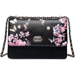 Floral Harmony Chain Shoulder Bag - Embellished with Pearls and Crystals, Leather Clutch with Pink Floral and Hummingbird