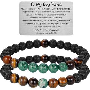 Fathers Day Bracelets Gifts for Dad Man Black Beaded Bracelets for Men Layered Lava Rock Tiger Eye Bracelet with Wallet Card Anniversary Birthday Gifts for Son/Boyfriend/Husband/Brother