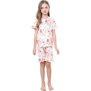 Bow Dream Rayon Bamboo Fiber Shorts and T-Shirt Set Cute Flower Print High Stretch,Girl Outfits for Toddler and Kids Clothes