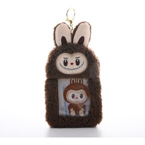LABUB Plush Card Holder with Keychain, Cute Animal Design Photo Sleeve, ID Credit Card Organizer (Pink)