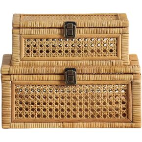 Rattan Decorative Box with Lids, Rectangular Woven boxes for home decor, Boho Display Wicker Cane Storage Basket Set of 2