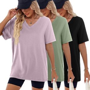 Huukeay 3 Pack Women's Oversized T Shirts Cotton V Neck Half Sleeve Workout Tops Summer Loose Fit Casual Baggy Basic Tee