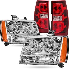 Headlight Assembly For 2007-2014 Chevy Tahoe 07-13 Chevy Avalanche Suburban 1500 2500 Head light, Replacement Head Lamp Set with Chrome Housing Clear Reflector