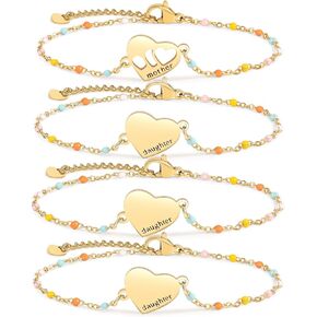 DS Mother Daughter Bracelets Set, 18K Gold Plated Stainless Steel Heart Jewelry for Women Girls, Mothers Day Gifts for Mom/Daughter, Adjustable Matching Bracelets for Women Girls gift box packaging