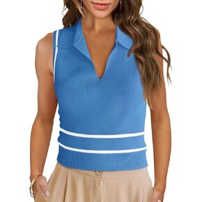 Saodimallsu Womens Sleeveless Cropped Sweater Vest V Neck Collared Color Block Y2k Crop Tank Top Summer Polo Shirts
