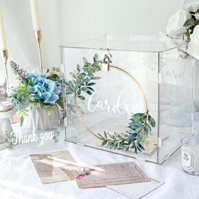 OurWarm Clear Wedding Card Box for Reception with Lock & Slot, Thick Acrylic Card Box for Party, Large Eucalyptus Money Gift Card Storage Box for Wedding Graduation Birthday Baby Shower Decorations