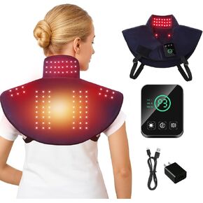 Wireless Red Light Therapy Device for Neck & Shoulder, Wearable Infrared Heating Wrap with Massager and Timer, 660nm & 850nm Near-Infrared Red Light Therapy Pad, Blue