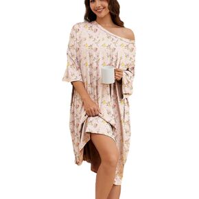 Chunoy Women Oversized Nightgown Short Sleeve Sleepwear Dress with Pockets in Kuwait