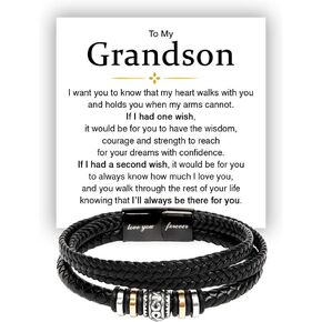 To My Grandson Bracelet from Grandma and Grandpa, Leather Bracelet For Grandson From Grandparents, Graduation Gift For Grandson, Grandson Birthday With Message Card and Gift Box.