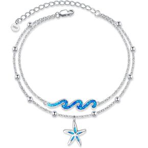 YFN Wave Starfish Anklet 925 Sterling Silver Starfish Wave Layered Anklet Ocean Wave Beads Ankle Bracelet Beach Jewelry for Women