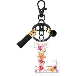 Oubaka Black Initial Letter Keychain Gift for Women, Acrylic Cute Alphabet Keyrings with Tassel Faux Pearl Pendant for Bag