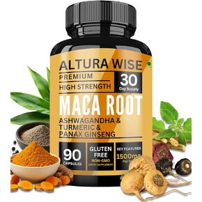 Maca Root Capsules 1500mg - Black | Red & Yellow Blend with Ashwagandha, Panax Ginseng, Turmeric & Black Pepper - Energy, Focus, Performance, Mood & Immune Support for Men & Women - 90 Caps