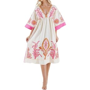 Womens Oversized Floral Embroidered Long Dress with V-Neck and 3/4 Sleeves Vintage Embroidery Babydoll Dress