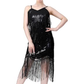 IWEMEK Sparkly Sequin Salsa Latin Dance Dress for Women Tassel Fringe Flapper Dresses Cami Rumba Samba Ballroom Dance Costume