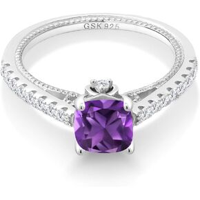 Gem Stone King 925 Sterling Silver Gemstone Birthstone and Accent Created Sapphire Engagement Ring | Cushion 6MM | Wedding Anniversary Promise Ring For Women | Available In Size 5-9