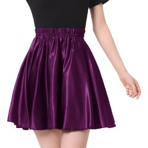 Women Big Girls Shiny Satin A-Line Flared Mini Skirt for Dance Performance Tennis Skater