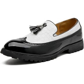 Men's Classic Wingtip Tassel Dress Shoes Two Tone Leather Loafers Shoes Non-Slip Lug Sole for Formal Business