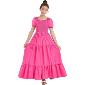 EXARUS Girls Maxi Long Smocked Dress Tween Swiss Dots Summer Square Neck Short Sleeve Casual A-line Dresses for 6-12Y