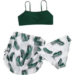 Milumia Girl's 3 Set Tropical Leaf Print Bikini Set Swimsuit Drawstring Beach Skirt Swimwear
