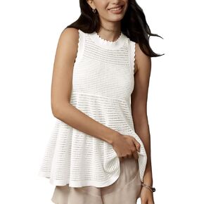 Women's Babydoll Sweater Tank Top Crochet Ruffle Hem Loose Fit Crewneck Hollow Out See Through Sweater Vest