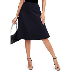 Women's Elastic High Waist A-Line Midi Skirt Stretchy Flared Office Knee Length Skirts for Work Business and Casual