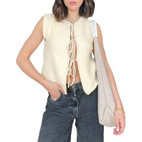 Women's Crochet Sweater Vest Summer Casual Sleeveless Crew Neck Tie Front Knit Vest Top Cardigan
