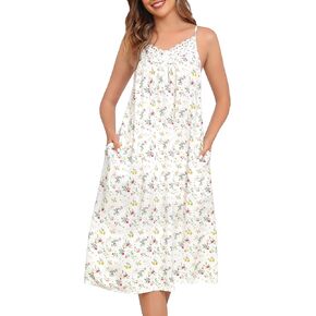 SWOMOG 100% Cotton Nightgowns for Women Lace Nightgown Sleeveless Sleep Dress Victorian Sleepshirt Button Strap Gown