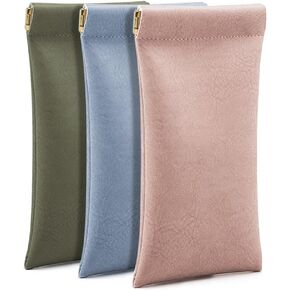 3 Piece Leather Sunglasses Cases PU Sunglasses Pouch, Portable Squeeze Top Eyeglasses Cases Soft Glasses Bag