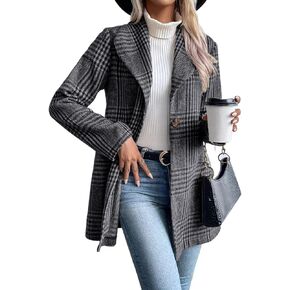 IDEALSANXUN Long Wool Plaid Blazer for Women Fall Outfits Winter Trench Coat Long Sleeve Casual Dressy Lapel Jacket Peacoat