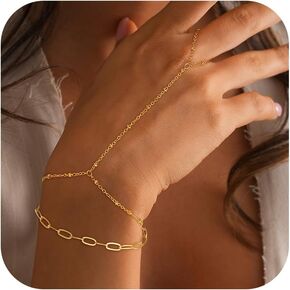 Hand Chain Bracelets for Women - 14K Real Gold Plated Dainty Stackable Paperclip Link Bracelets Hand Chain Bracelet Ring Gold Bracelets for Women Trendy