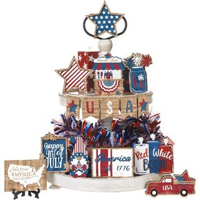 Amyhill 15 Pcs 4th of July Patriotic Tiered Tray Decor Set Memorial Day Decoration Red White Blue Wood Star Gnome Mini Sign Farmhouse American Flag Firework Table Decor Independence Day Decor for Home