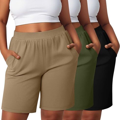 3 Pack Women's Plus Size Bermuda Shorts, High Waisted Elastic Bermuda Active Summer Shorts with Pockets in Saudi Arabia