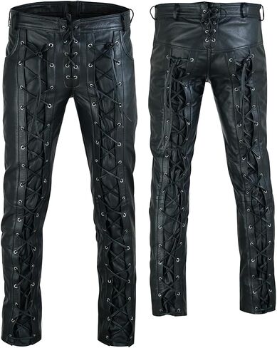 Leather Lovers Men Genuine Cowhide Leather Front & Back Laced Up Black Biker Pants in Saudi Arabia