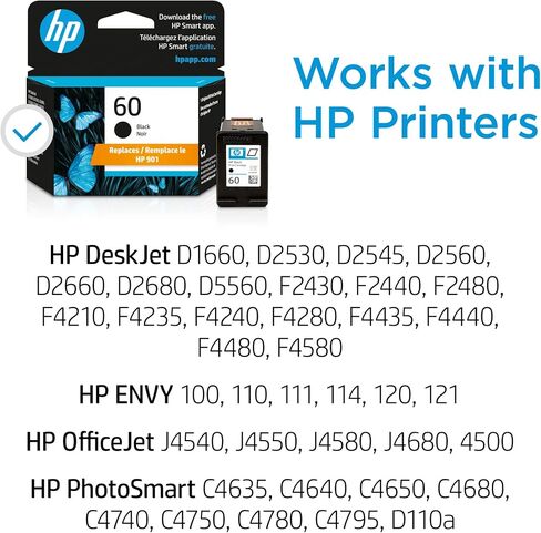 HP 60 | 2 Ink Cartridges | Black | Works with HP DeskJet D2500 Series, F2430, F4200 Series, F4400 Series, HP ENVY 100, 110, 111, 114, 120, HP Photosmart C4600 Series, C4700 Series, D110a | CC640WN in Saudi Arabia