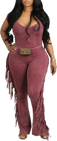 YOTIKO WOMENS SEXY BODYCON Jumpsuit Fringe Pants Disual Clubwear v Neck One Piece Romper in Saudi Arabia