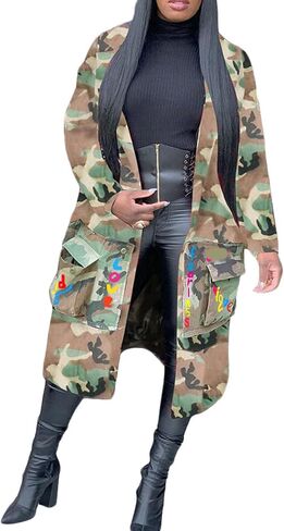 Voghtic Women Casual Camo Jacket Army Military BF Overcoat Long Sleeve Open Front Blazer with Pockets in Saudi Arabia