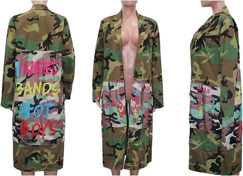 Voghtic Women Casual Camo Jacket Army Military BF Overcoat Long Sleeve Open Front Blazer with Pockets in Saudi Arabia