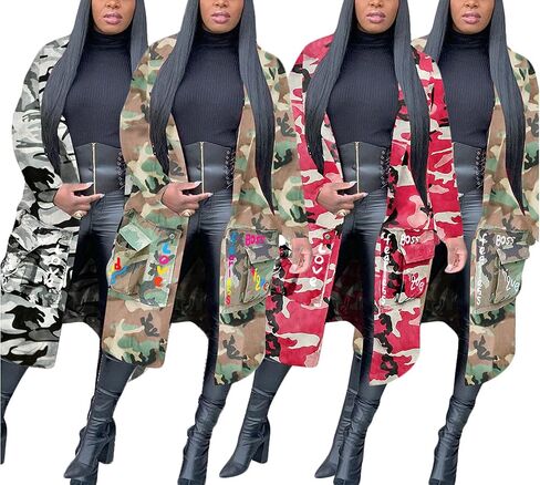 Voghtic Women Casual Camo Jacket Army Military BF Overcoat Long Sleeve Open Front Blazer with Pockets in Saudi Arabia