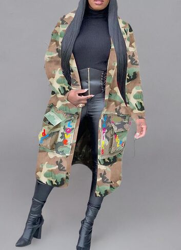 Voghtic Women Casual Camo Jacket Army Military BF Overcoat Long Sleeve Open Front Blazer with Pockets in Saudi Arabia