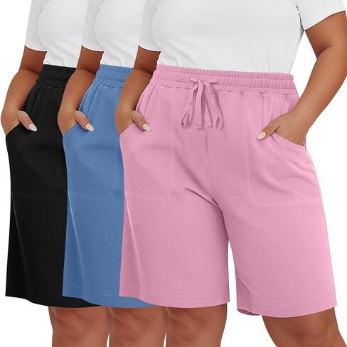 Riyiper 3 Pack Women's Plus Size Bermuda Shorts, Drawstring Elastic High Waist Loose Fit Casual Athletic Bottoms with Pockets in Saudi Arabia