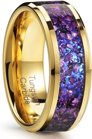 8mm Men's Gold Galaxy Ring, Tungsten Wedding Band with Purple Blue Opal and Chamfered Sparkling Finish - Comfortable Size 7-14, Comes in a Beautiful Gift Box in Saudi Arabia