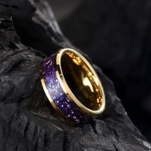 8mm Men's Gold Galaxy Ring, Tungsten Wedding Band with Purple Blue Opal and Chamfered Sparkling Finish - Comfortable Size 7-14, Comes in a Beautiful Gift Box in Saudi Arabia