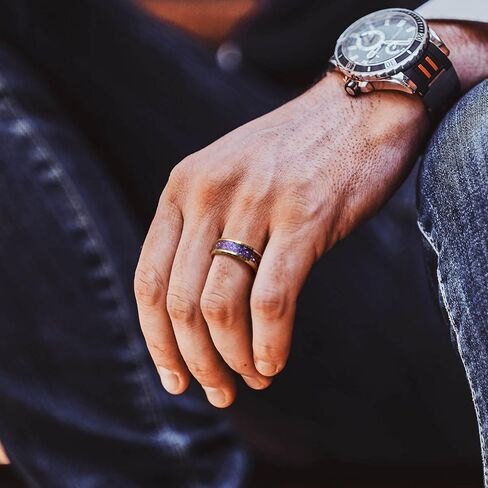 8mm Men's Gold Galaxy Ring, Tungsten Wedding Band with Purple Blue Opal and Chamfered Sparkling Finish - Comfortable Size 7-14, Comes in a Beautiful Gift Box in Saudi Arabia