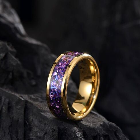8mm Men's Gold Galaxy Ring, Tungsten Wedding Band with Purple Blue Opal and Chamfered Sparkling Finish - Comfortable Size 7-14, Comes in a Beautiful Gift Box in Saudi Arabia