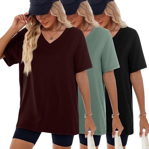 Huukeay Women's Cotton Oversized T Shirts 3 Pack V Neck Loose Fit Half Sleeve Tops Baggy Casual Summer Gym Workout Tees 2026 in Saudi Arabia