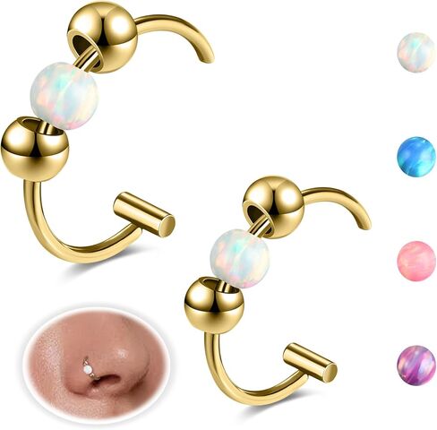 20G Fake Nose Ring Opalite Faux Nose Hoop Fake Nose Piercings for Women Clip On Surgical Steel Faux Nose Rings Snake Bites Non Pierce Cartilage Helix Ear Lip Rings, 8mm/10mm in Saudi Arabia