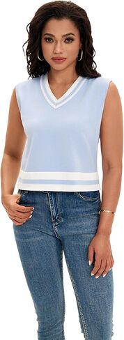 Womens Cropped Sweater Vest Summer V Neck Color Block Sleeveless Crop Tank Tops Loose Fit Knit Shirts 2025 in Kuwait
